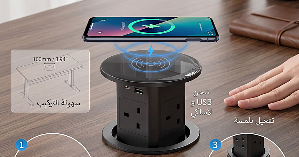 منفذ فيش غاطس مكتبي منبثق مع شاحن لاسلكي بـ 3 مقابس و USB A + Type-C اسود توفل