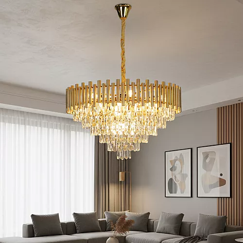 نجف بتصميم أوربي من الكرستالات المتلألئة بغطاء ذهبي و قاعدة لمبة E14*15L مقاس قطر 80 سم