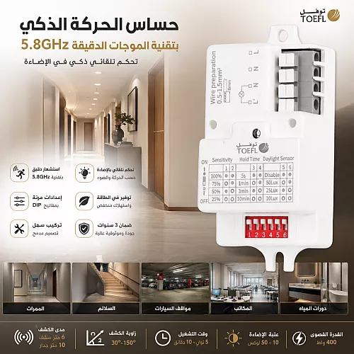 حساس الحركة بتقنية الموجات الدقيقة 5.8GHz - تحكمًا تلقائيًا في الإضاءة بناءً على الحركة ومستوى الإضاءة المحيط من توفل