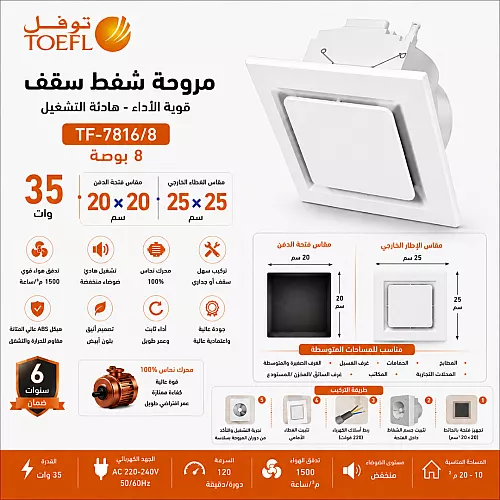 غطاء اطار فارغ مروحة شفط توفل اسود مخصص لموديل TF7816-10 مقاس 10 بوصه مقاس الدفن (25*25) سم , اطار خارجي (30*30) سم