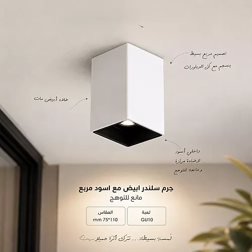 جرم كشاف سلندر أبيض معدن مع إطار داخلي أسود GU10