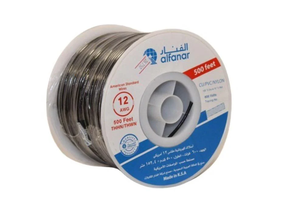 سلك نحاس من الفنار- 450/750 فولت - طول اللفه 250 قدم - AWG/THNN AWG12  /PVC - اسود