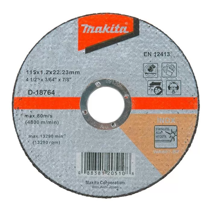 ماكيتا إكسسوارات, عجلات قطع رقيقة من الفولاذ المقاوم للصدأ - مركز مسطح (سلسلة D), 115 x 1.2 x 22.23 D-18764