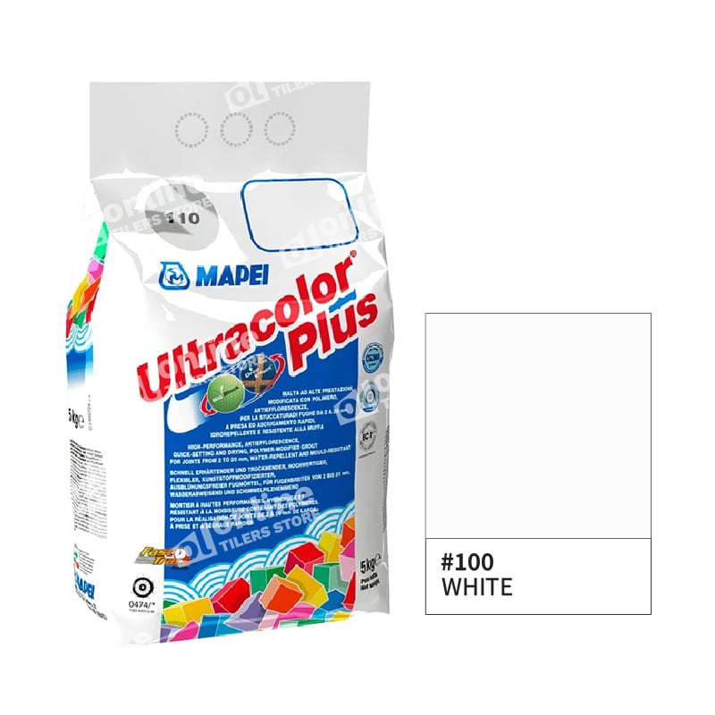 Mapei Italian tile grout, antibacterial, 5 kg, number 100, white.