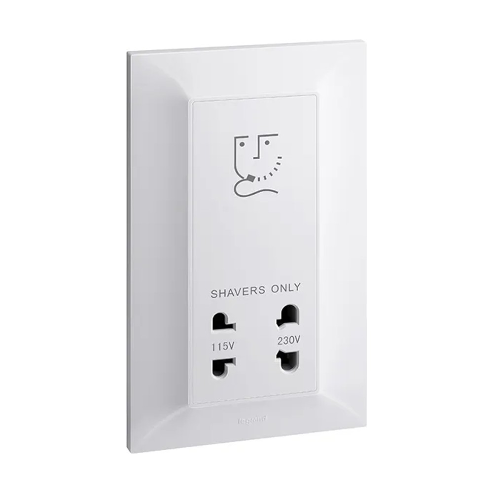 مقبس حلاقة ليجراند Belanko S، 1 مفتاح، 115/230V، 20VA، 50/60Hz، عمودي، مدمج، أبيض