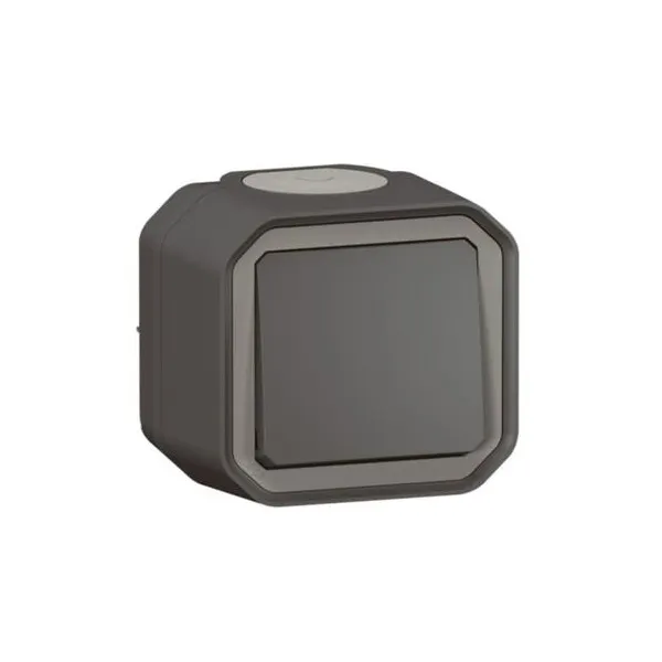 ليجراند - زر ضغط Plexo، IP55، تلامس مفتوح + مؤشر، 10A 250V، تركيب سطحي، أنثراسايت