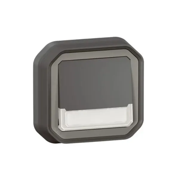 ليجراند - زر ضغط Plexo، IP55، تحويل + مؤشر + حامل ملصق، 10A 250V، تثبيت غاطس، أنثراسايت