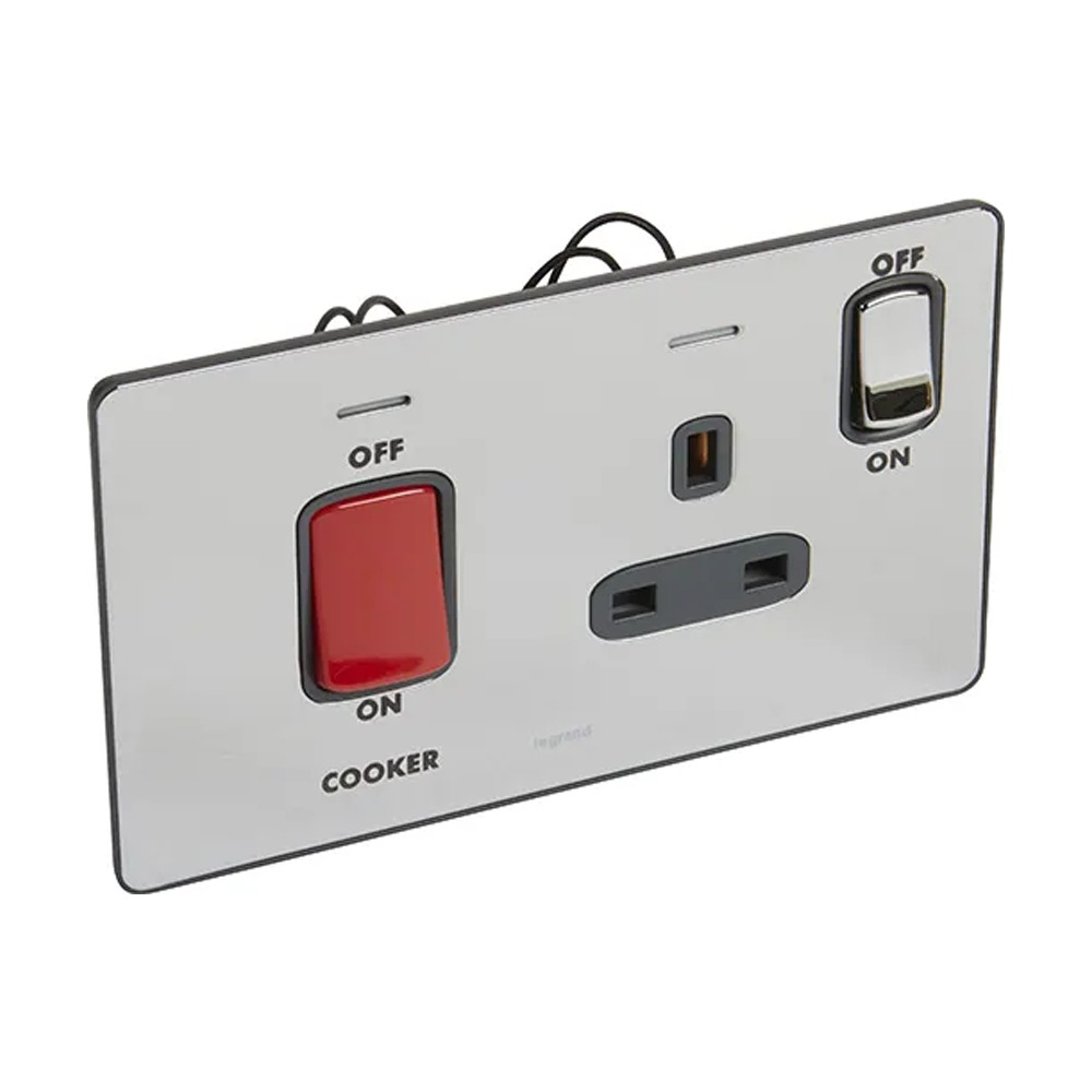 ليجراند - مفتاح مزدوج القطب Synergy Sleek، مجوز، 45A، 250V، مع مخرج مأخذ BS 13A + علامة للموقد، Polished Stainless Steel