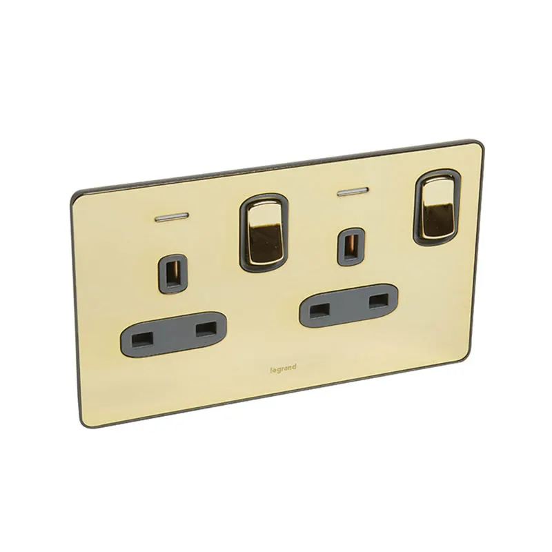 ليجراند - مقبس مزدوج Synergy Sleek، BS، 2 موديول، مفتاح، 13A، 250V، مزود بمؤشر طاقة LED أزرق، Glossy Gold