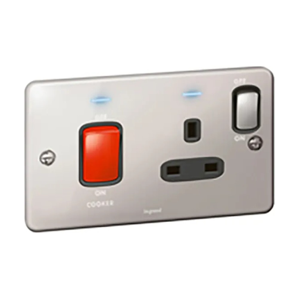 مفتاح مزدوج القطب ليجراند Synergy Authentic مجوز 45A 250V مع مخرج مأخذ BS 13A علامة للموقد Polished Stainless Steel