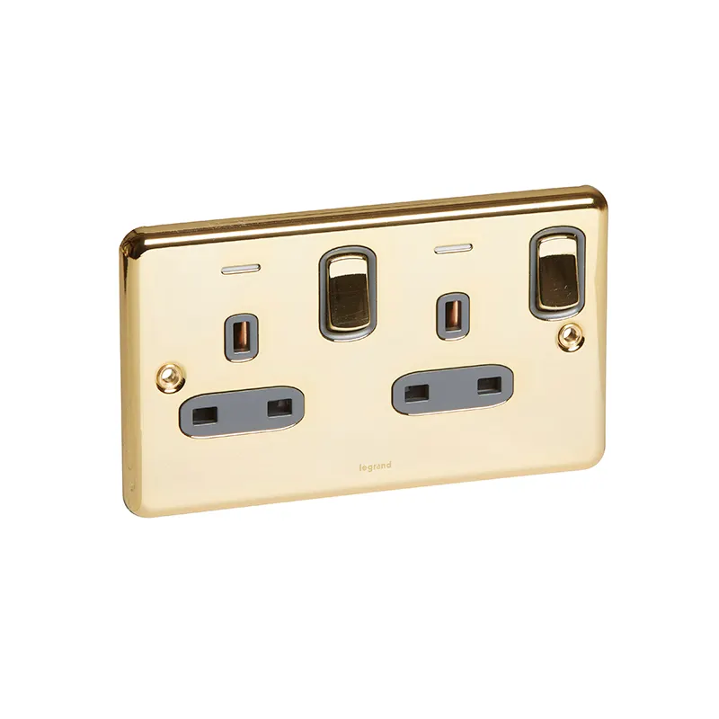 ليجراند - مقبس مزدوج Synergy Authentic، BS، 2 موديول، مفتاح، 13A، 250V، مزود بمؤشر طاقة LED أزرق، Glossy Gold