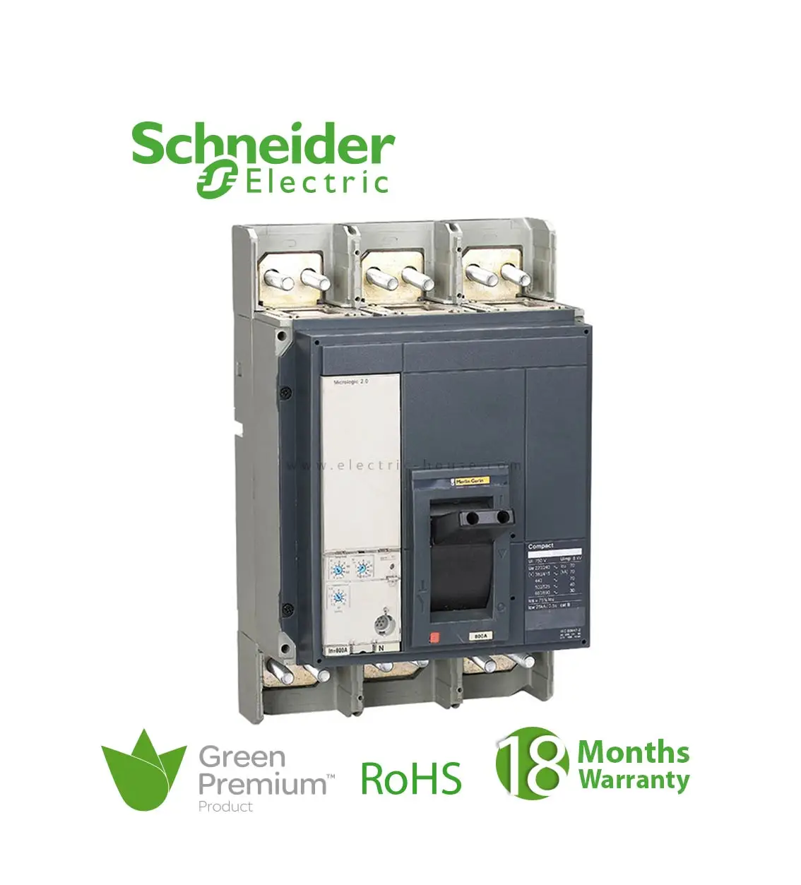 شنايدر - قاطع رئيسي 1000 أمبير - ComPact NS1000N, 50 kA at 415 VAC, Micrologic 2.0 Trip Unit, 1000 A, Fixed, 3P 3d