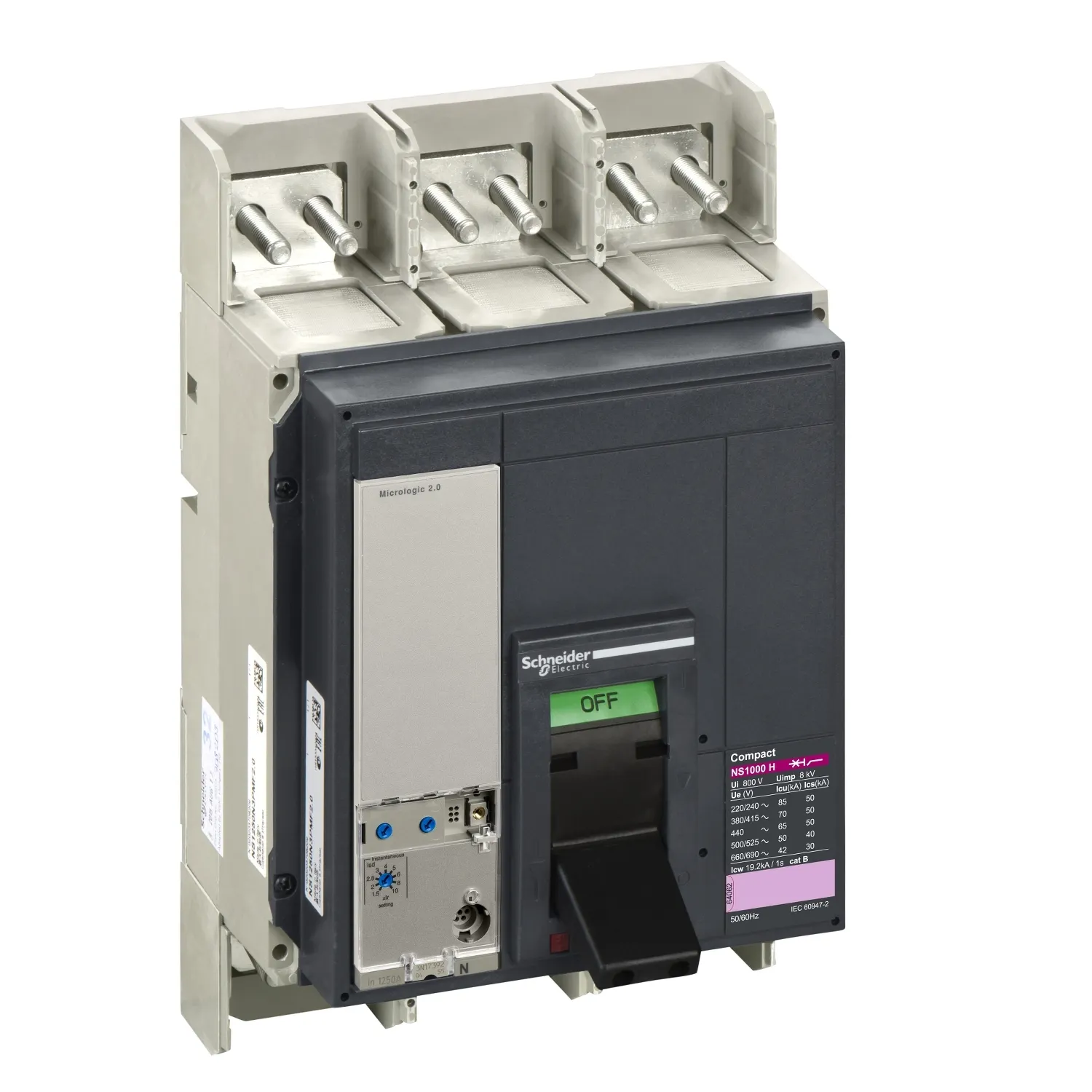 شنايدر - قاطع رئيسي 1000 أمبير - ComPact NS1000N, 70 kA at 415 VAC, Micrologic 2.0 Trip Unit, 1000A, Fixed, 3P 3d