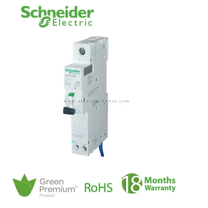 شنايدر - قاطع حماية من التسريب الأرضي - Acti9 iC60H, Earth Leakage, 1P + N, C Curve, 10A, 30mA, 240 V