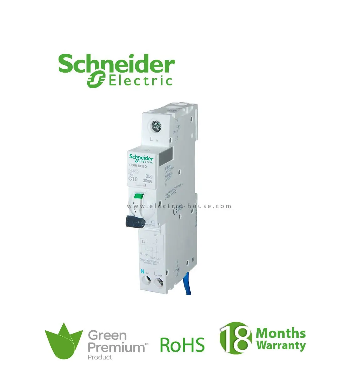 شنايدر - قاطع حماية من التسريب الأرضي - Acti9 iC60H, Earth Leakage, 1P + N, C Curve, 16A, 30mA, 240 V