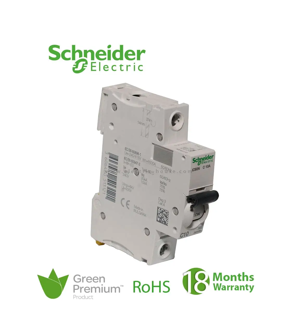 شنايدر - قاطع فرعي 1 خط - 10 أمبير - Acti9 iC60N, 1P, 10A, C Curve