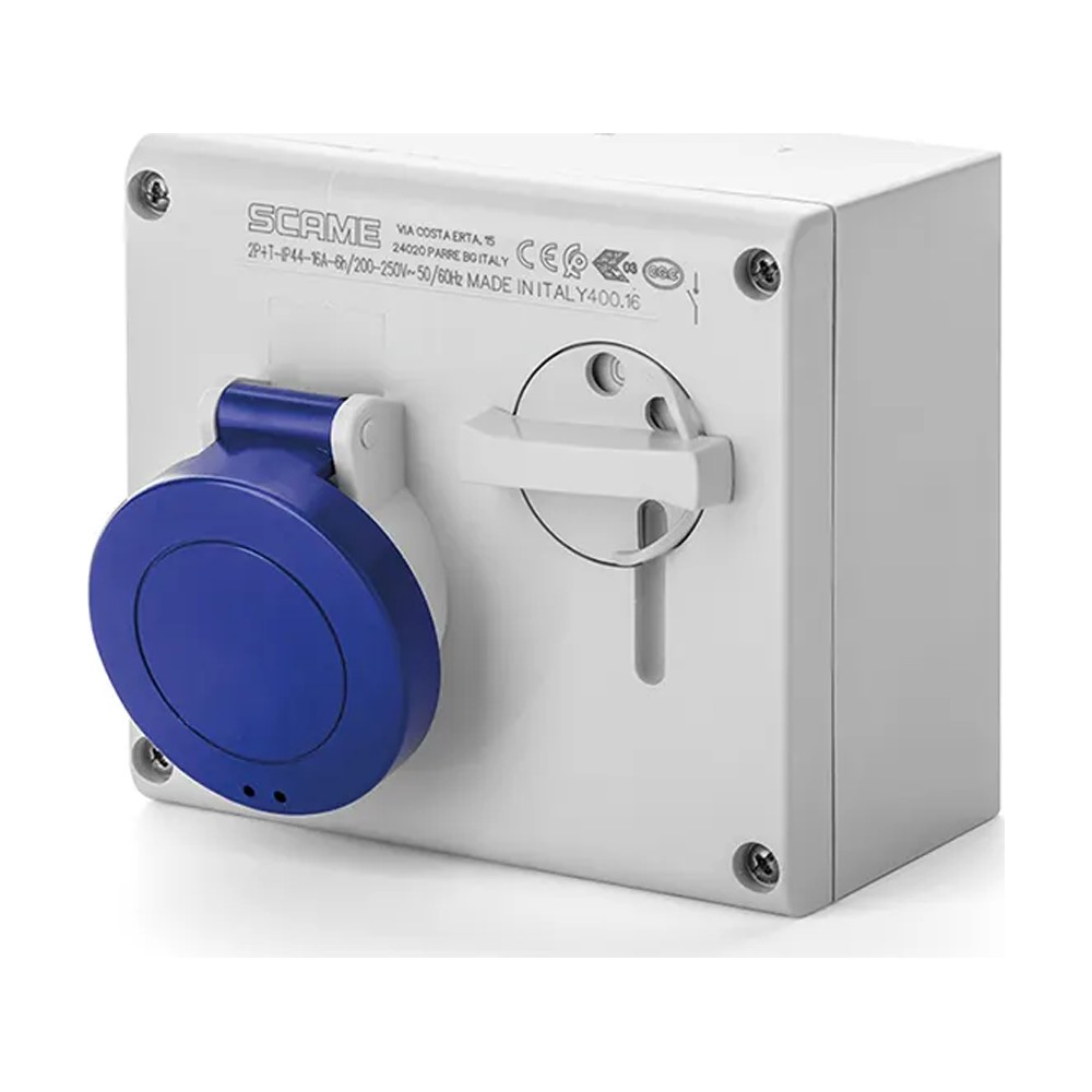سكامي - مقبس متداخل، 32A، 2P+E، 6h، IP44، 200-250V، 50Hz، 60Hz، أطراف لولبية، مع قفل ميكانيكي