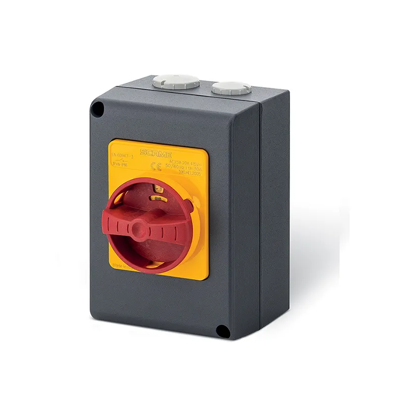 سكامي - مفتاح فصل مغلق (AC22A/AC23A)، 32A، 3P+SN، IP66، 105x150x82mm، Y1 IK10، طوارئ أصفر/أحمر، SN (محايد صلب)