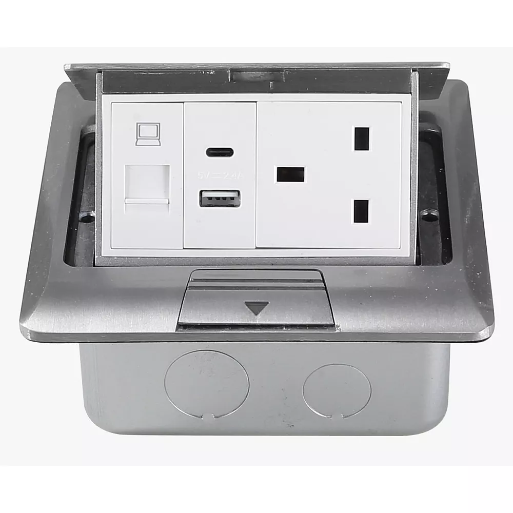 فيش ارضي ثلاثي مخفي USB + TYEP-C مع فيش كمبيوتر لون سلفر توفل