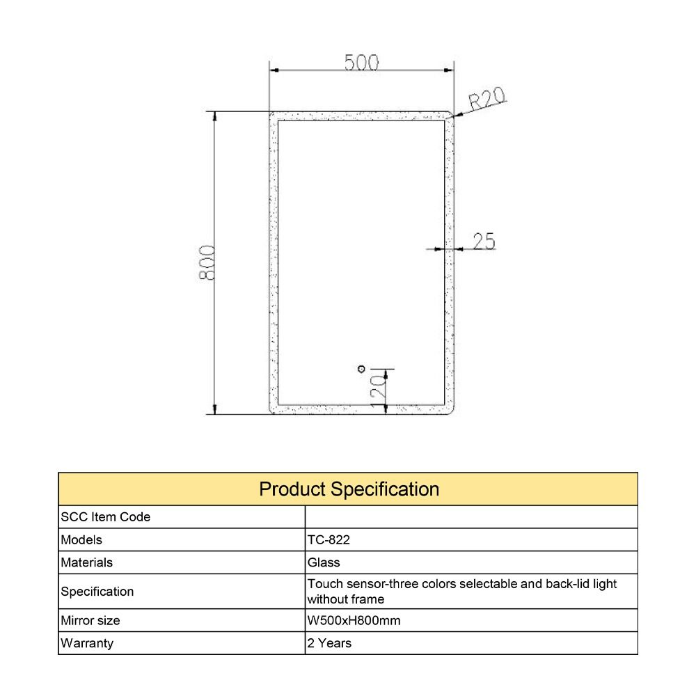 مرآة حمام مستطيلة مع إضاءة ليد TECA TC-822 50×80 سم
