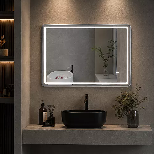 مراية مستطيل مقاس 80*60 سم فريم اطار المنيوم سلفر ليد 3 اضاءات