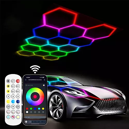 طقم إضاءة 14 خلية نحل السداسية ليد Hexagon لقراج السيارات لون الانارة ملون RGB تحكم ريموت + هاتف مقاس عرض*طول 2.3M*3.8M