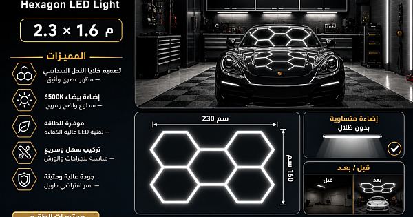 طقم إضاءة 5 خلايا النحل السداسية ليد Hexagon لقراج السيارات لون الانارة ابيض مقاس عرض*طول 2.3M*1.6M