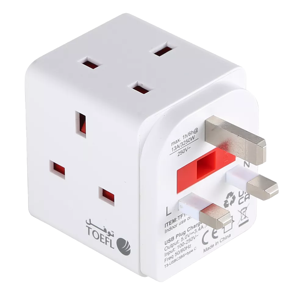 توصيلة قابس جداري أفياش ثلاثي مع منافذ USB و Type-C من توفل