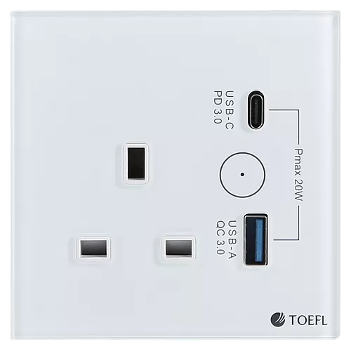 فيش جداري 13 امبير ذكي ابيض تحكم عن بعد WiFi مع USB + TYEP-C يعمل باللمس تحكم بالجوال متوافق مع اليكسا وجوجل هوم توفل