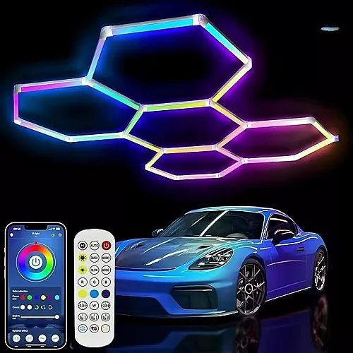 طقم إضاءة 5 خلايا النحل السداسية ليد Hexagon لقراج السيارات لون الانارة ملون RGB مقاس عرض*طول 2.3M*1.6M