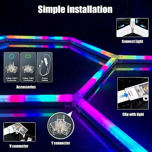طقم إضاءة 8 خلايا النحل السداسية ليد Hexagon لقراج السيارات لون الانارة ملون RGB تحكم ريموت + هاتف مقاس عرض*طول 2.3*2.4M .