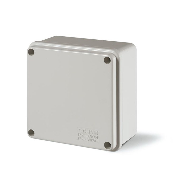 سكامي - صندوق تقاطع، IP56، 100x100x50mm، IK08، بلاستيك هندسي، رمادي، جوانب بدون فتحات، خالٍ من الهالوجين، GW 650°C