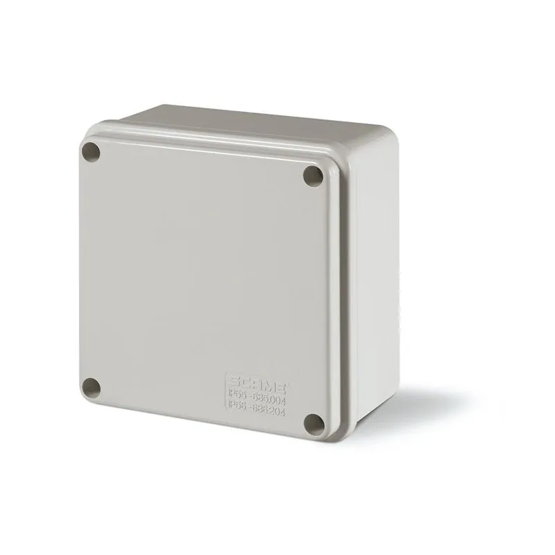 سكامي - صندوق تقاطع، IP56، 100x100x50mm، IK08، بلاستيك هندسي، رمادي، جوانب بدون فتحات، خالٍ من الهالوجين، GW 650°C