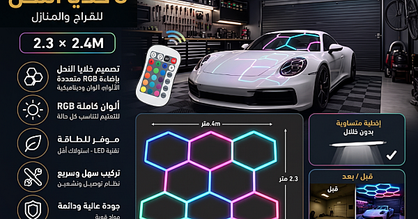 طقم إضاءة 8 خلايا النحل السداسية ليد Hexagon لقراج السيارات لون الانارة ملون RGB تحكم ريموت + هاتف مقاس عرض*طول 2.3*2.4M .