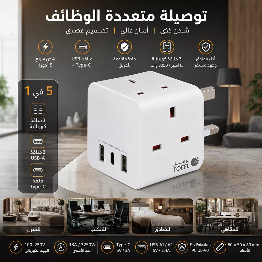 توصيلة قابس جداري أفياش ثلاثي مع منافذ USB و Type-C من توفل