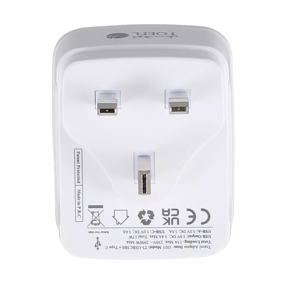 توصيلة قابس جداري افياش ثلاثي مفرد مع مدخل USB + 2 Type-C توفل