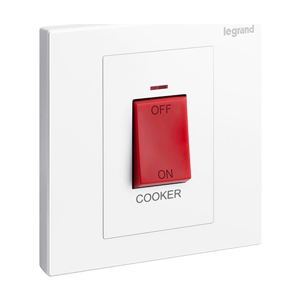 مفتاح ثنائي القطب LEGRAND Galion 45A 250V مع علامة طباخ ومؤشر أحمر ومفتاح أحمر أبيض