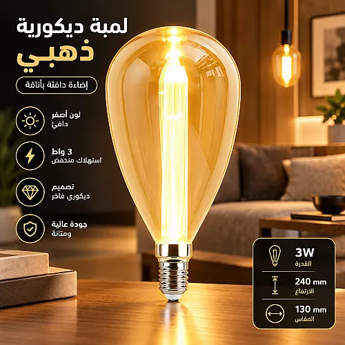 لمبة ديكورية ليد فيلمونت ذهبية 3 واط من همر قاعدة E27 – سحر الإضاءة الكلاسيكية بلمسة عصرية