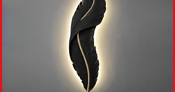 اضاءة جدارية وابليك جداري لون الشكل اسود لون الانارة اصفر تصميم ريشه شكل انيق وفخم طول 85 *العرض 20 سم