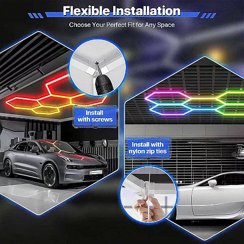 طقم إضاءة 8 خلايا النحل السداسية ليد Hexagon لقراج السيارات لون الانارة ملون RGB تحكم ريموت + هاتف مقاس عرض*طول 2.3*2.4M .