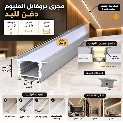 مجرى بروفايل المنيوم فضي دفن ( طول 3 متر - 1.9 سم عرض - ارتفاع 1.7 سم )