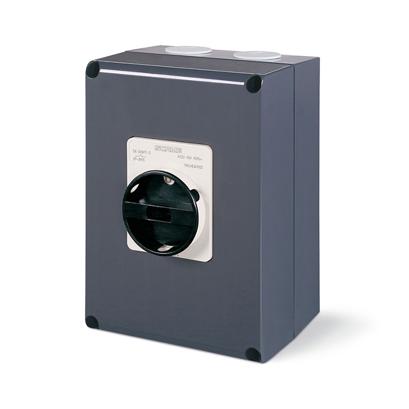 سكامي - مفتاح فصل مغلق، 40A، 4P(3P+N)، IP66، 150x210x107mm، Y1، IK10، استخدام عام، رمادي/أسود، سعة توصيل عالية