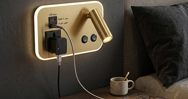 ابليك جداري مودرن ذهبي 9 واط مع منفذ USB + Type-C وفيش كهرباء ثلاثي