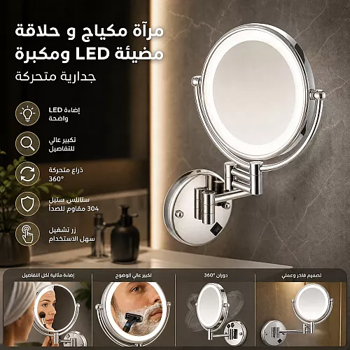 مراية بيضاوي مقاس 70*120 فريم المنيوم اسود ليد 3 اضاءات