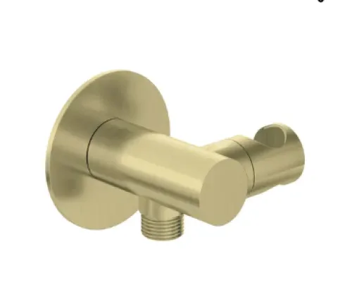 مخرج مع حامل ذهبي مت SILIA - Angled hose connector, round, with hand shower holder - brushed gold DEANTE