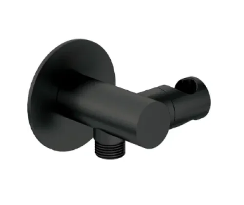 Outlet with holder, brushed black, SILIA - Angled hose connector, round, with hand shower holder - nero DEANTE