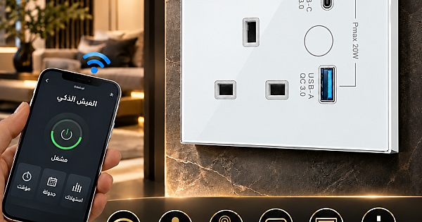 فيش جداري 13 امبير ذكي ابيض تحكم عن بعد WiFi مع USB + TYEP-C يعمل باللمس تحكم بالجوال متوافق مع اليكسا وجوجل هوم توفل