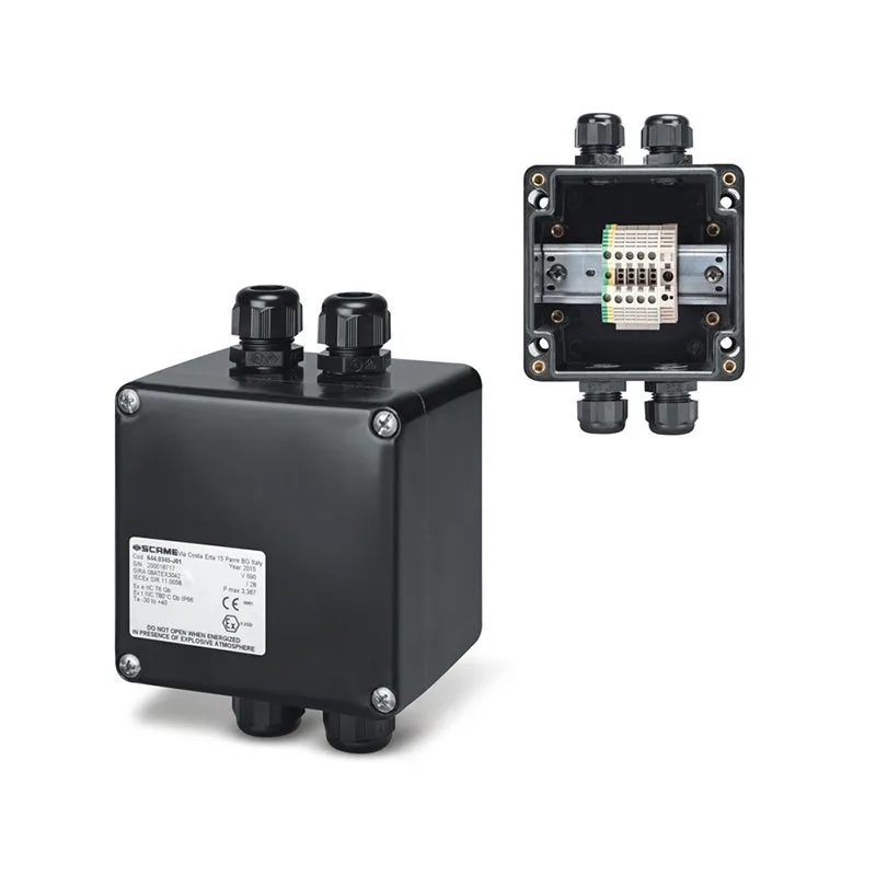 سكامي - صندوق تركيب سطحي، 24A، 690V، IP66، 122x120x90mm، بلاستيك متصلد حراريًا، أسود، 4xWDU 4.0mm²، 4xM20، II 2GD، GW 960°C
