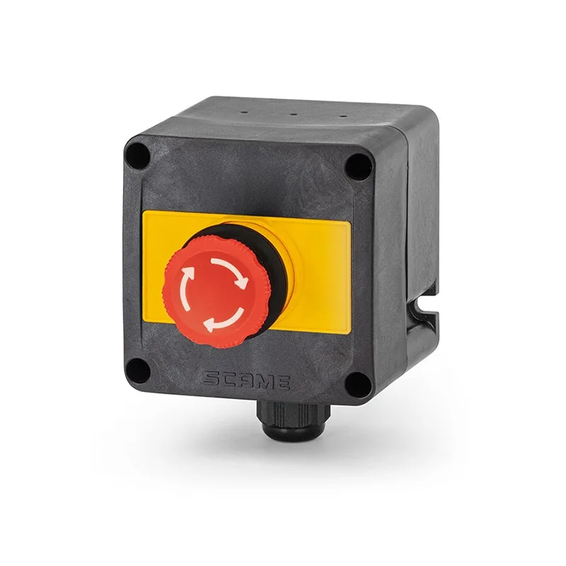 سكامي - صندوق تركيب سطحي، 16A AC12، 1NO+1NC، 250V، IP66، 95x95x80mm، بلاستيك حراري، طوارئ بتحرير دوراني، 1xM20، II 2GD، GW 960°C
