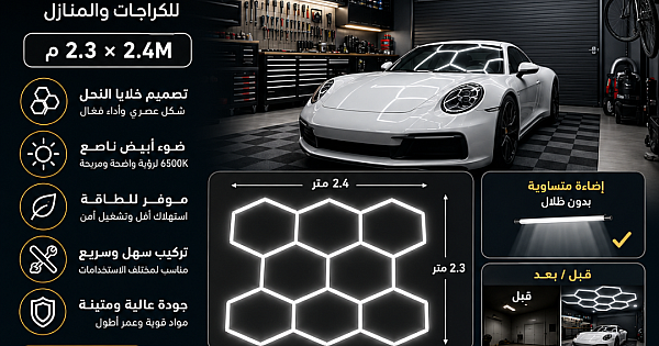 طقم إضاءة 8 خلايا النحل السداسية ليد Hexagon لقراج السيارات لون الانارة ابيض مقاس عرض*طول 2.3*2.4M .